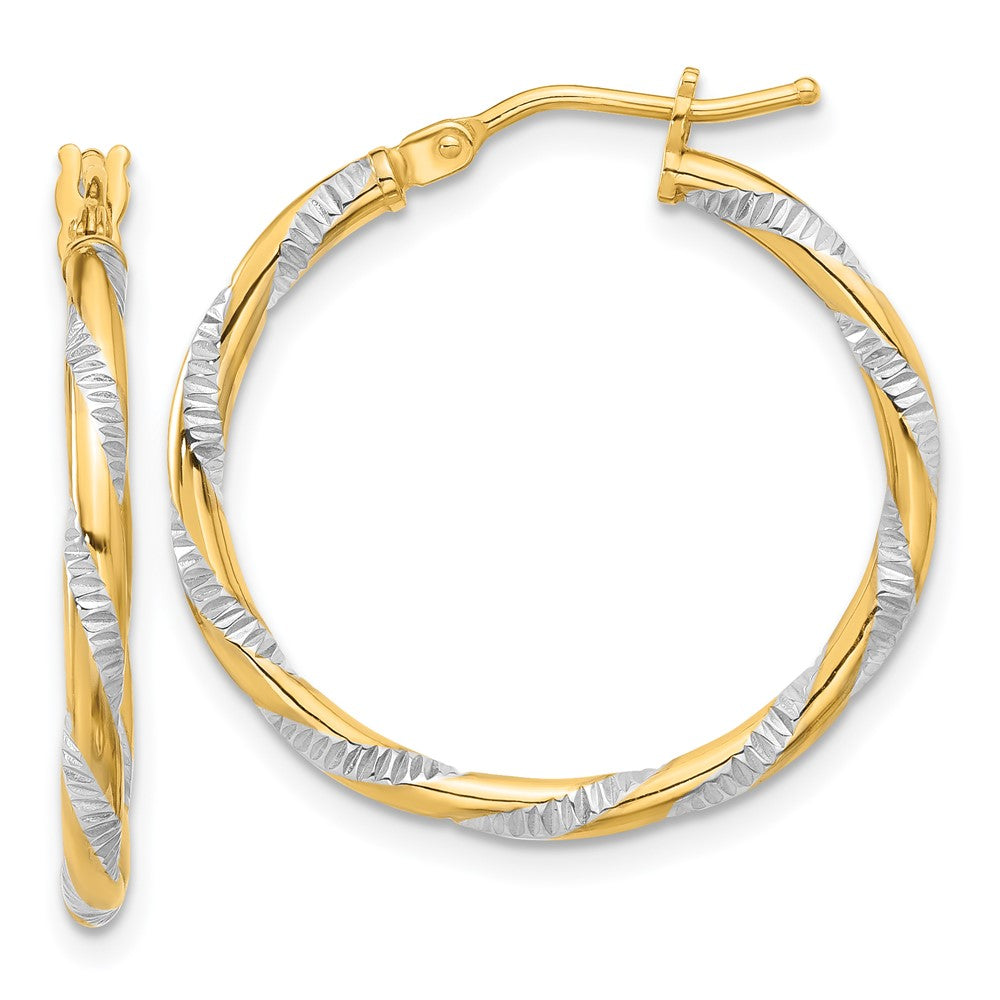 14K and White Rhodium Polished Diamond-cut Hoop Earrings - 2