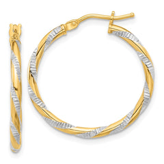 14K and White Rhodium Polished Diamond-cut Hoop Earrings - 2