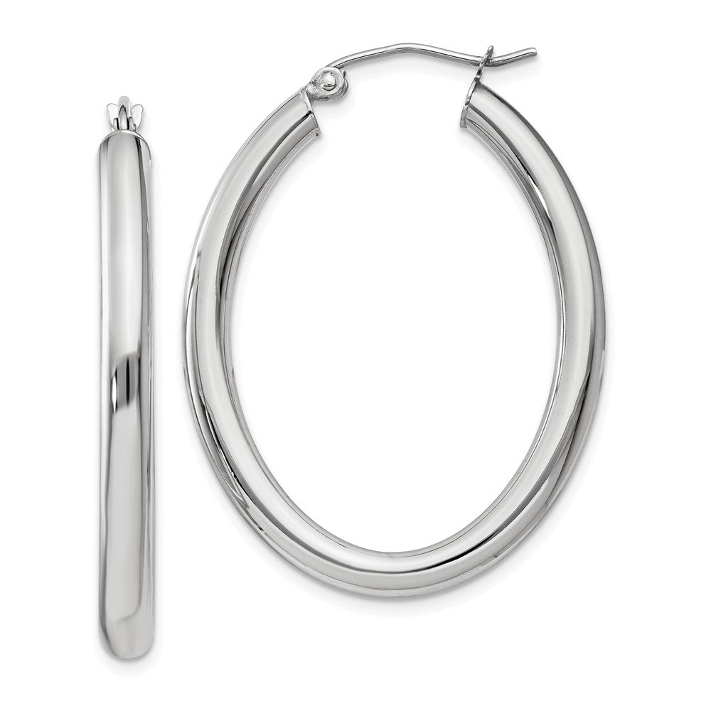 14k White Gold Polished 3.5mm Oval Tube Hoop Earrings - 2
