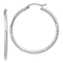 14k White Gold Satin and Diamond-cut 2mm Round Hoop Earrings - 8