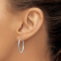 14k White Gold Satin and Diamond-cut 2mm Round Hoop Earrings - 2