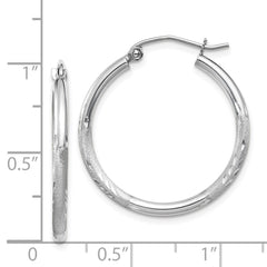 14k White Gold Satin and Diamond-cut 2mm Round Hoop Earrings - 2