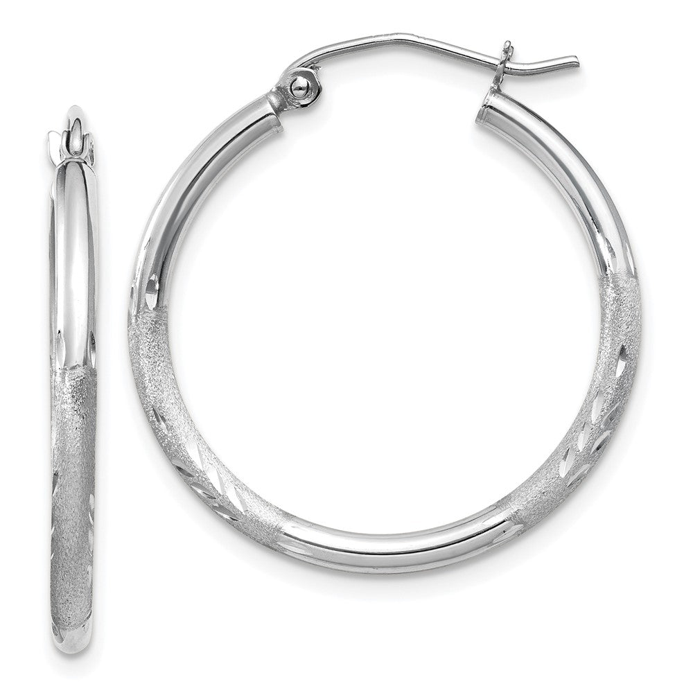 14k White Gold Satin and Diamond-cut 2mm Round Hoop Earrings - 2