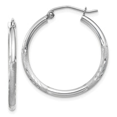 14k White Gold Satin and Diamond-cut 2mm Round Hoop Earrings - 2