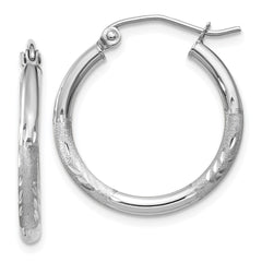 14k White Gold Satin and Diamond-cut 2mm Round Hoop Earrings - 9