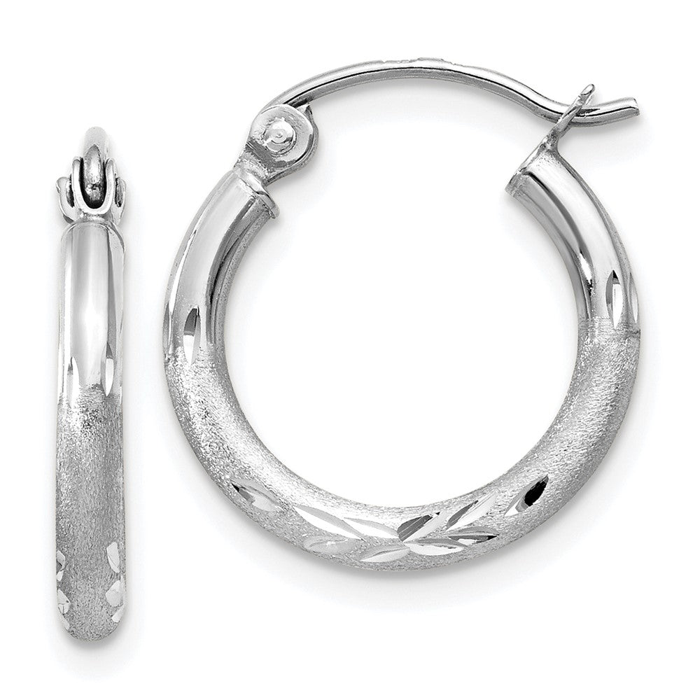 14k White Gold Satin and Diamond-cut 2mm Round Hoop Earrings - 4