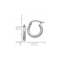 14k White Gold Satin and Diamond-cut 2mm Round Hoop Earrings - 3