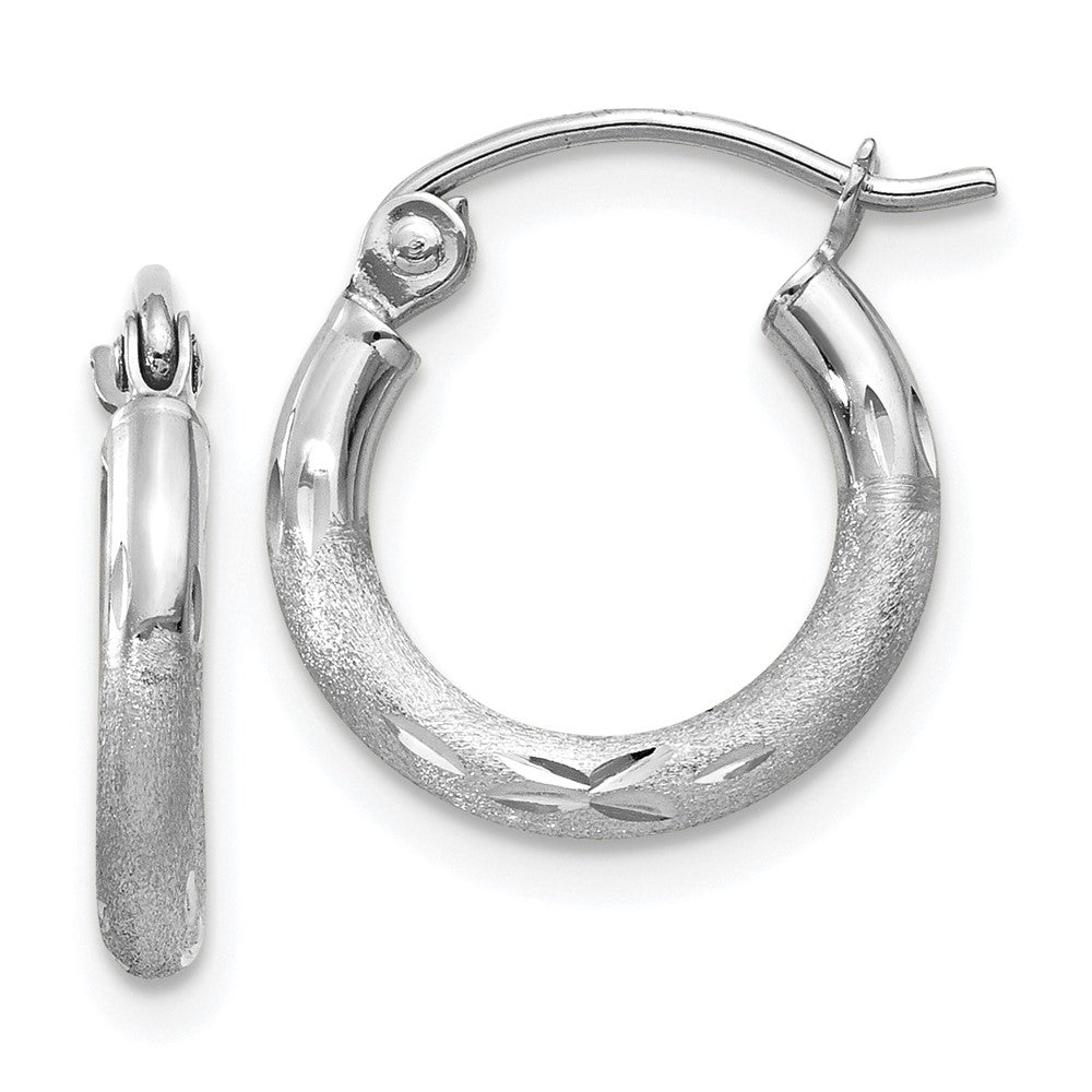 14k White Gold Satin and Diamond-cut 2mm Round Hoop Earrings - 3