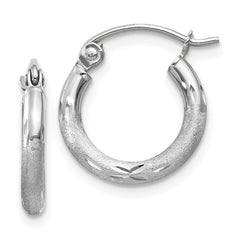 14k White Gold Satin and Diamond-cut 2mm Round Hoop Earrings - 3
