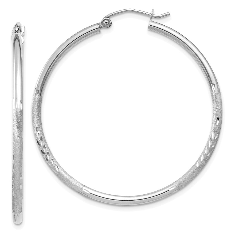 14k White Gold Satin and Diamond-cut 2mm Round Hoop Earrings - 5