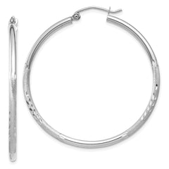 14k White Gold Satin and Diamond-cut 2mm Round Hoop Earrings - 5
