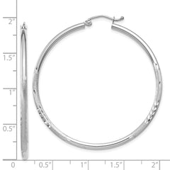 14k White Gold Satin and Diamond-cut 2mm Round Hoop Earrings - 6