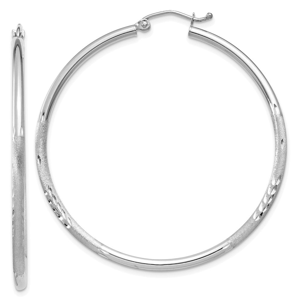 14k White Gold Satin and Diamond-cut 2mm Round Hoop Earrings - 6