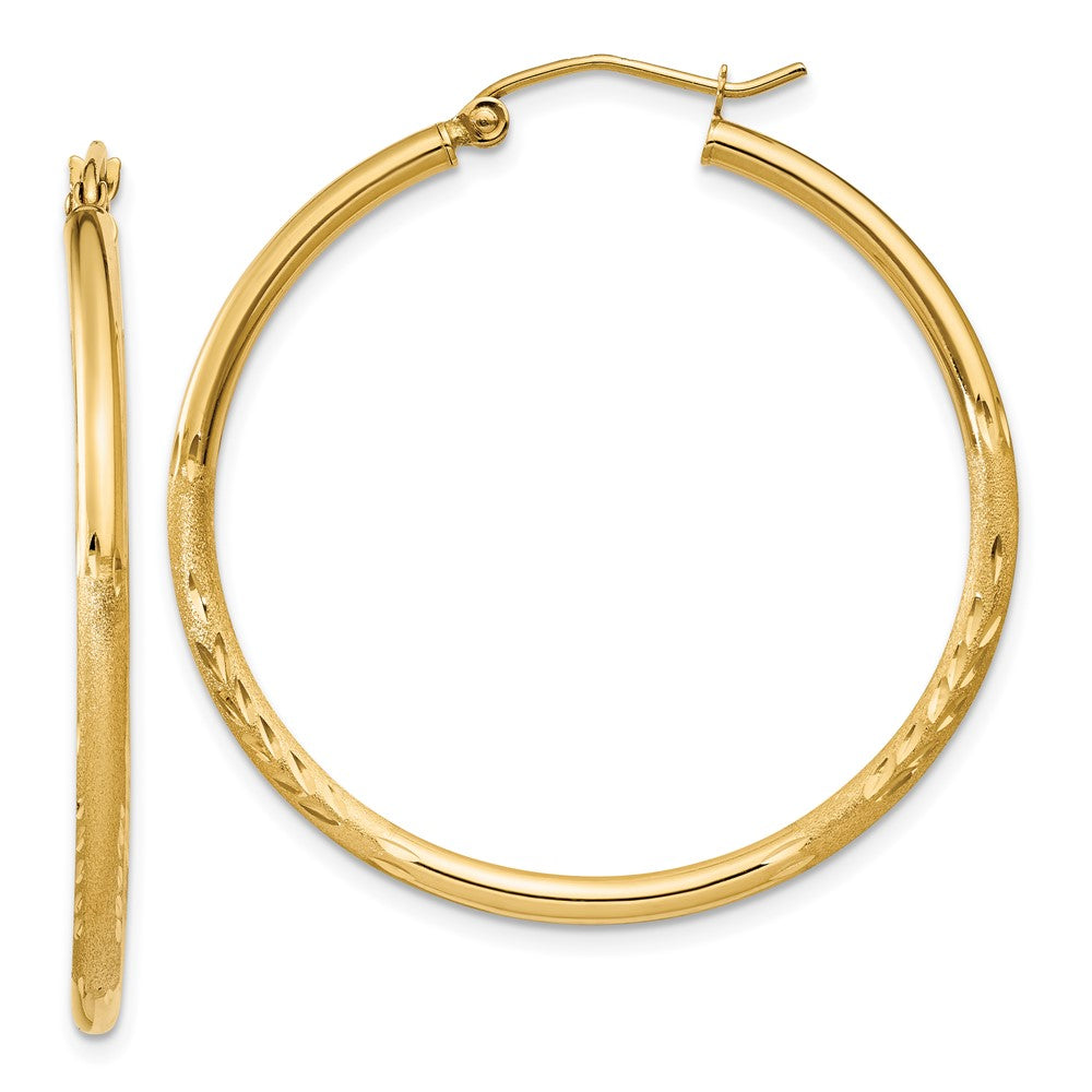 14k Satin and Diamond-cut 2mm Round Tube Hoop Earrings - 4