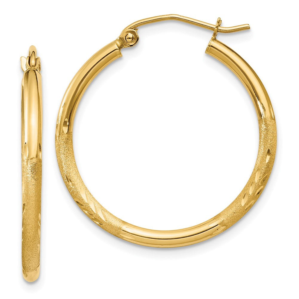 14k Satin and Diamond-cut 2mm Round Tube Hoop Earrings - 10