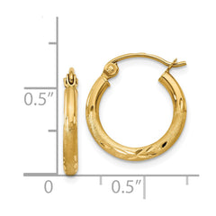 14k Satin and Diamond-cut 2mm Round Tube Hoop Earrings - 6