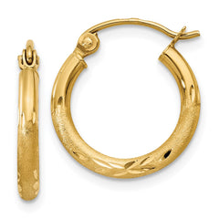 14k Satin and Diamond-cut 2mm Round Tube Hoop Earrings - 6