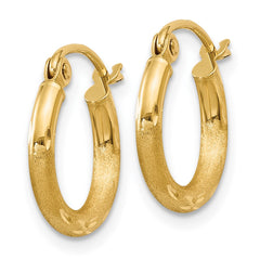 14k Satin and Diamond-cut 2mm Round Tube Hoop Earrings - 7