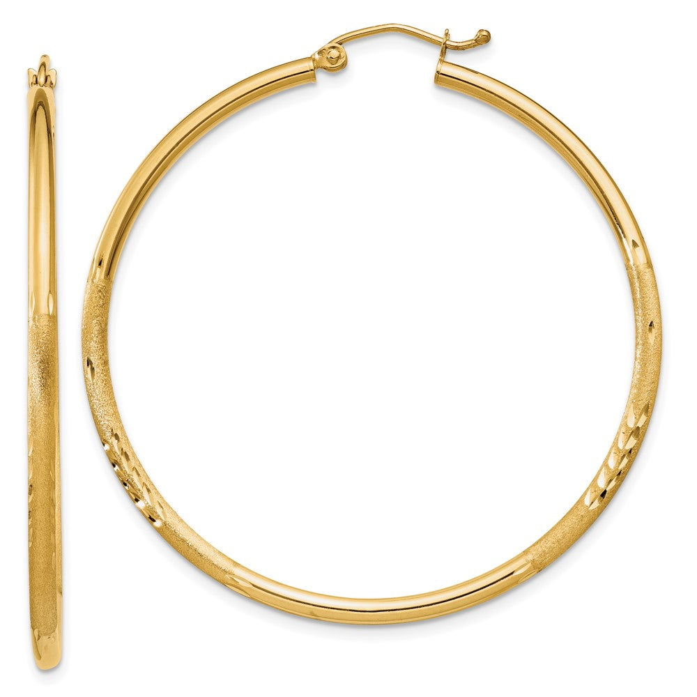 14k Satin and Diamond-cut 2mm Round Tube Hoop Earrings - 8