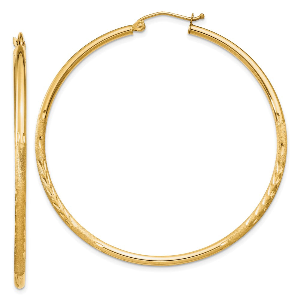 14k Satin and Diamond-cut 2mm Round Tube Hoop Earrings - 2