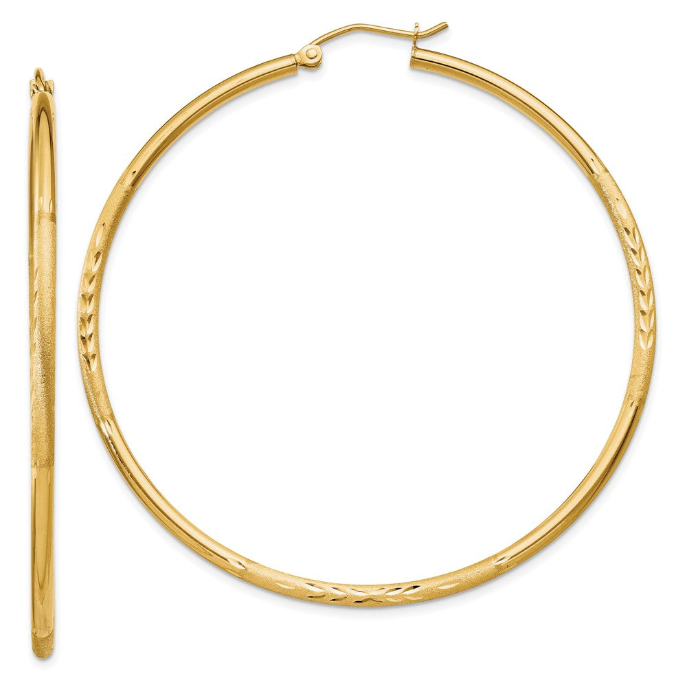 14k Satin and Diamond-cut 2mm Round Tube Hoop Earrings - 3