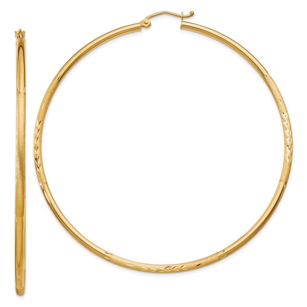 14k Satin and Diamond-cut 2mm Round Tube Hoop Earrings - 9