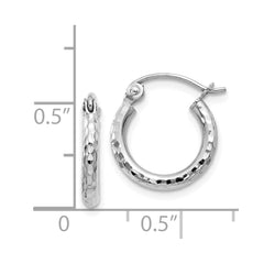 14k White Gold Diamond-cut 2mm Round Tube Hoop Earrings - 3