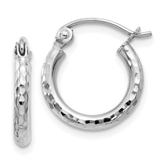 14k White Gold Diamond-cut 2mm Round Tube Hoop Earrings - 3