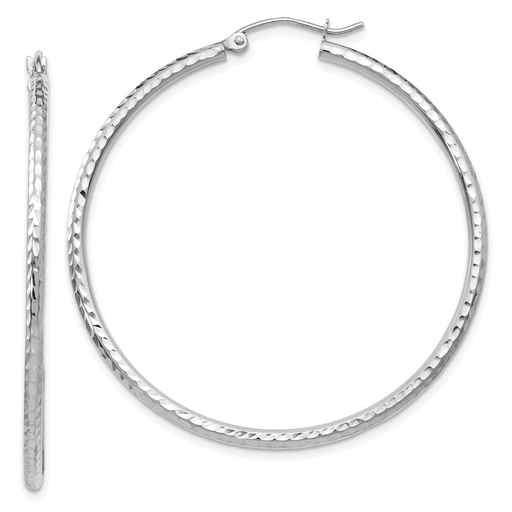 14k White Gold Diamond-cut 2mm Round Tube Hoop Earrings - 7