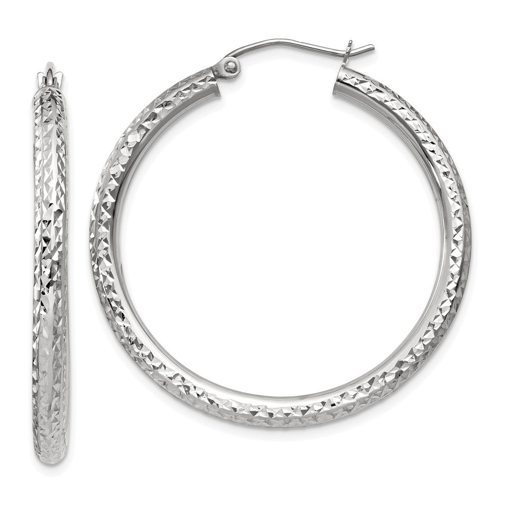14k White Gold Diamond-cut 3mm Round Hoop Earrings - 11