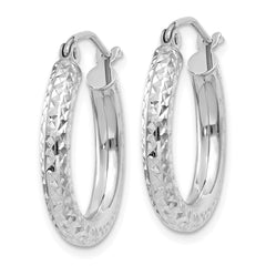 14k White Gold Diamond-cut 3mm Round Hoop Earrings - 12