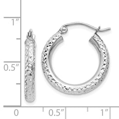 14k White Gold Diamond-cut 3mm Round Hoop Earrings - 12