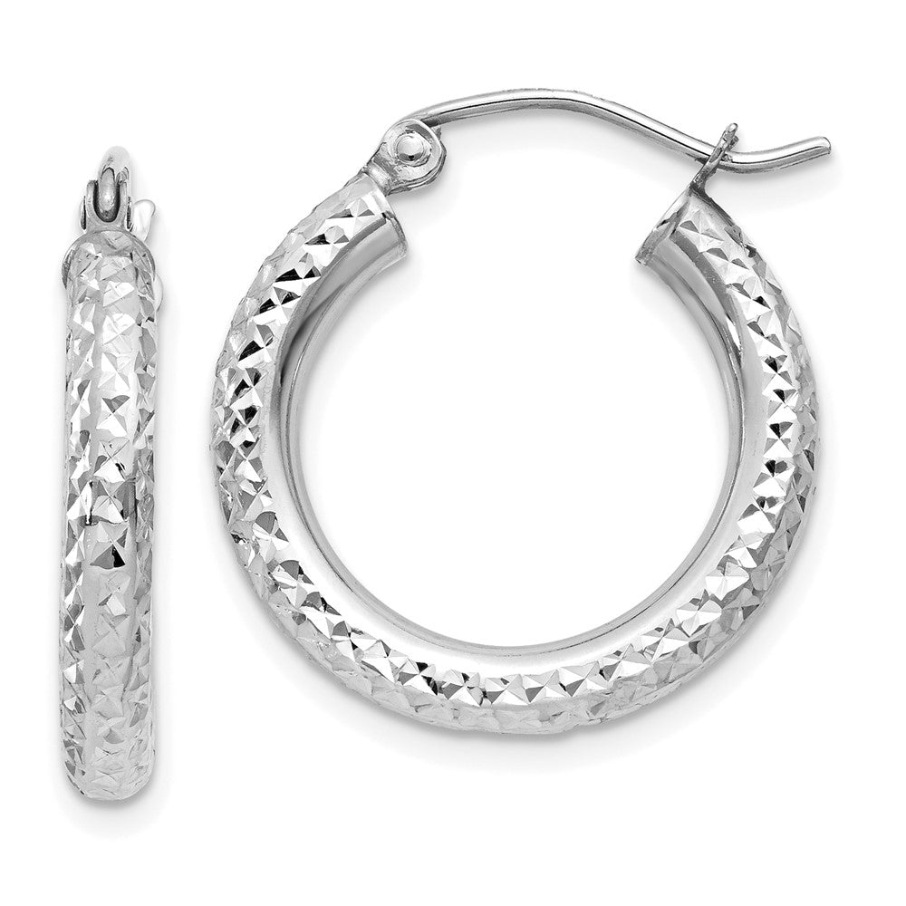 14k White Gold Diamond-cut 3mm Round Hoop Earrings - 12