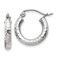 14k White Gold Diamond-cut 3mm Round Hoop Earrings - 3