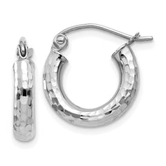 14k White Gold Diamond-cut 3mm Round Hoop Earrings - 4
