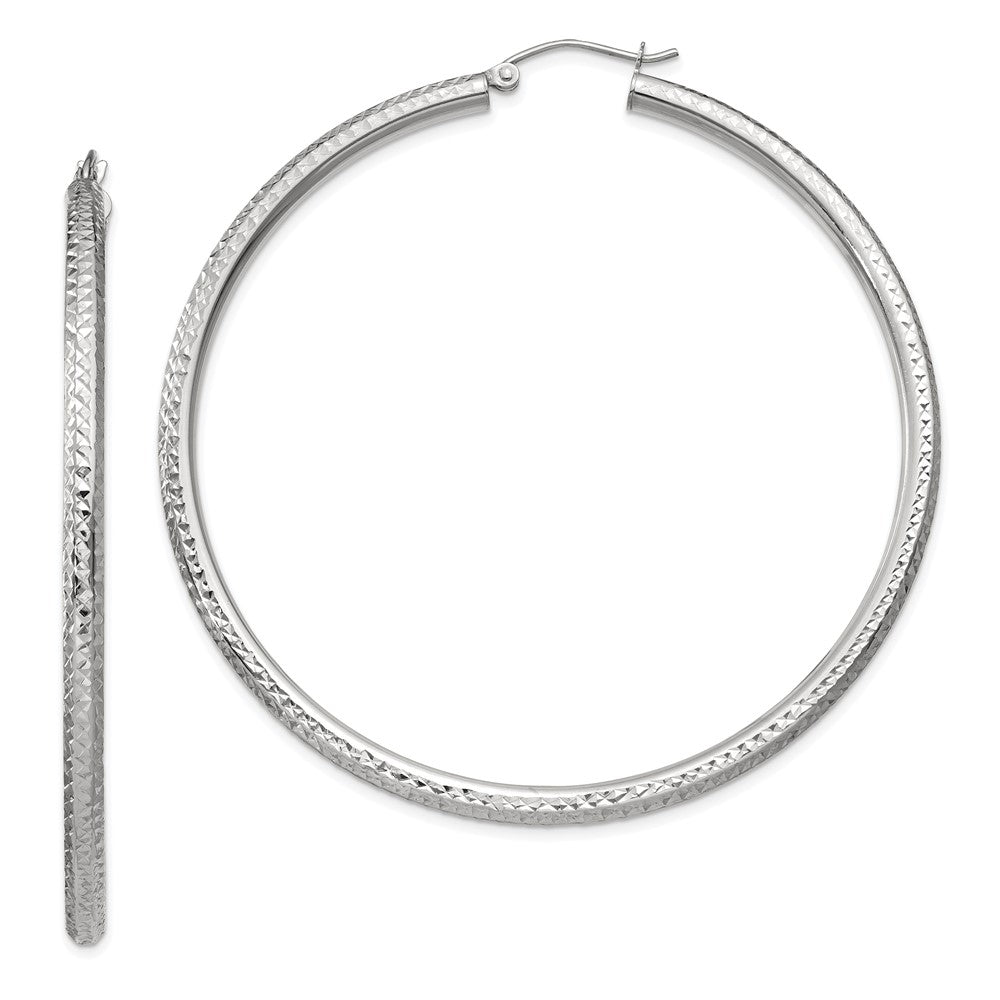 14k White Gold Diamond-cut 3mm Round Hoop Earrings - 6