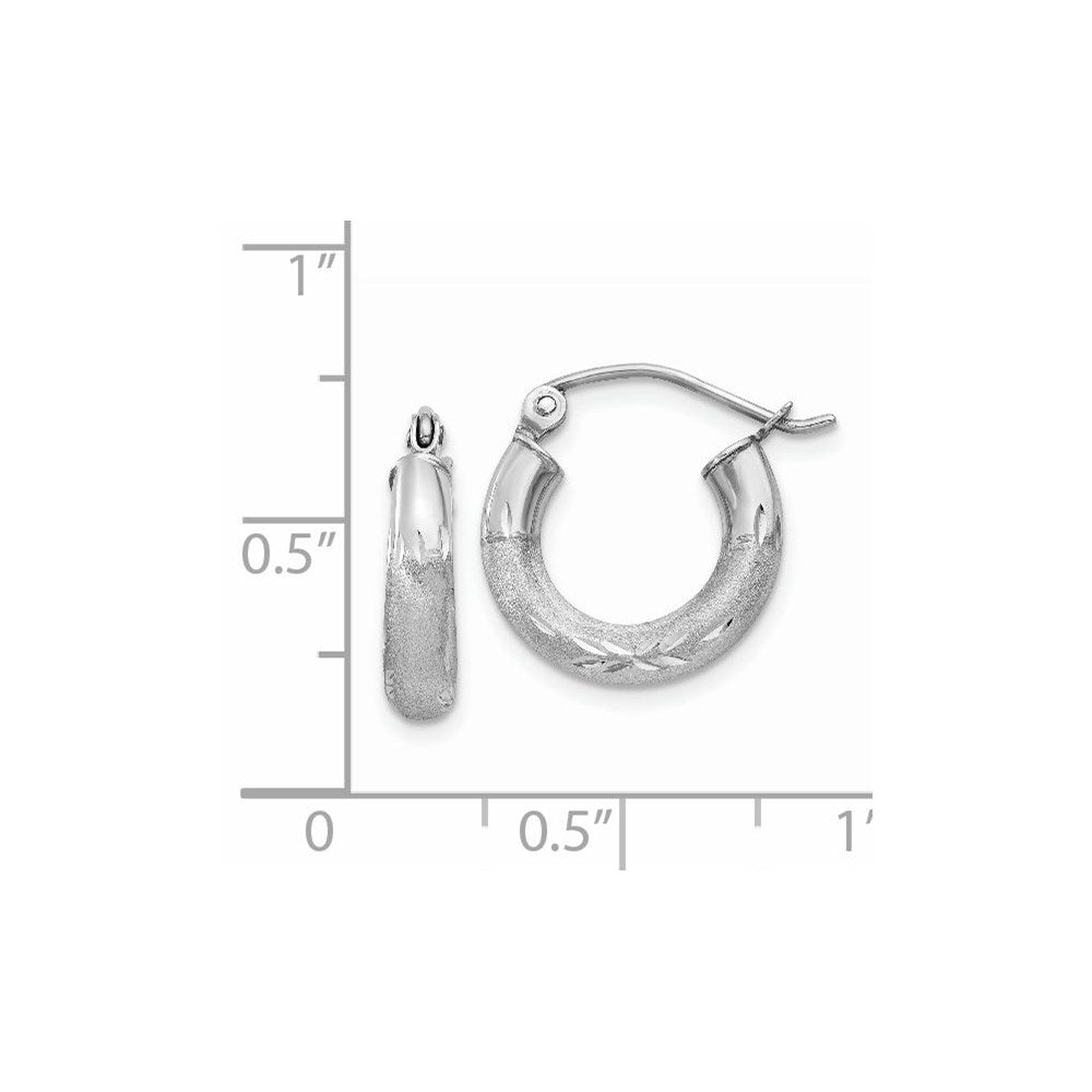 14k White Gold Satin and Diamond-cut 3mm Round Hoop Earrings - 3