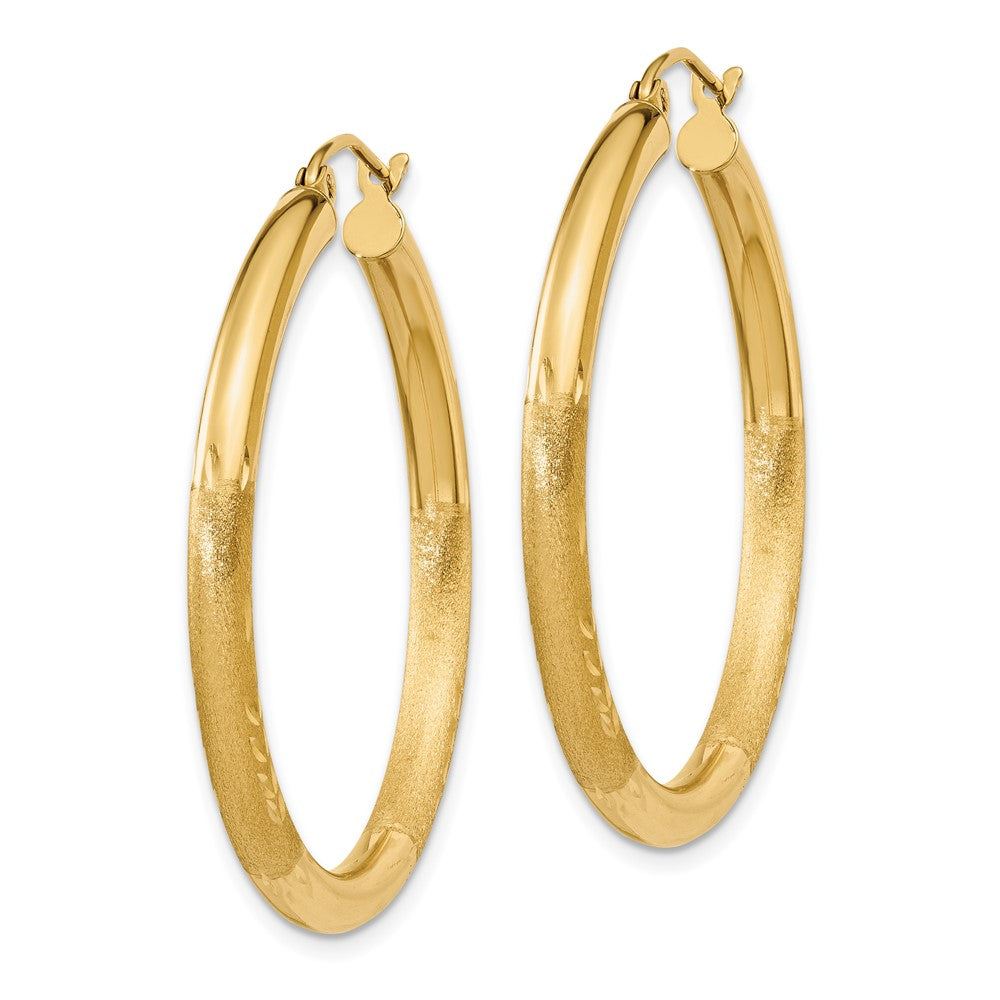 14k Satin and Diamond-cut 3mm Round Hoop Earrings - 5