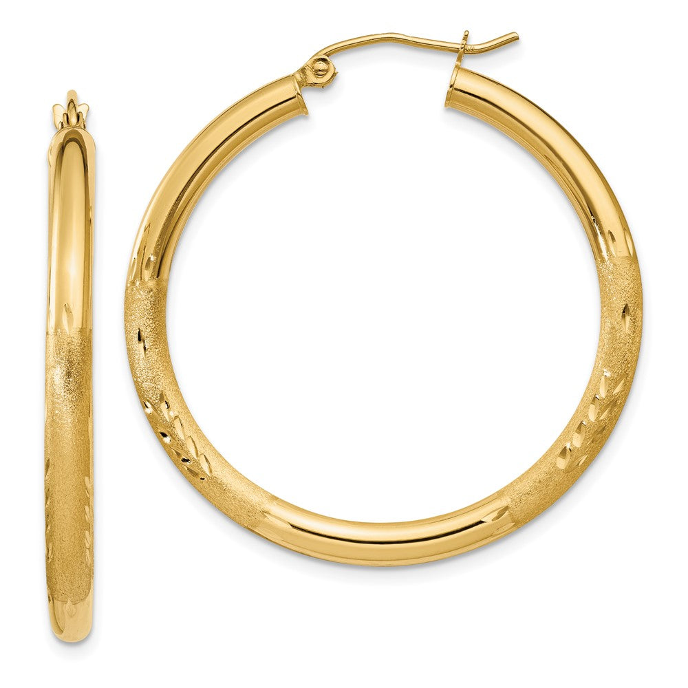 14k Satin and Diamond-cut 3mm Round Hoop Earrings - 5