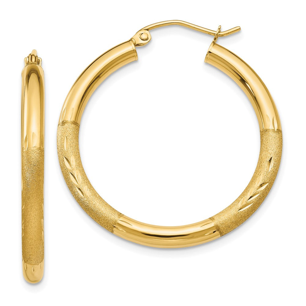 14k Satin and Diamond-cut 3mm Round Hoop Earrings - 9