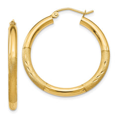 14k Satin and Diamond-cut 3mm Round Hoop Earrings - 9
