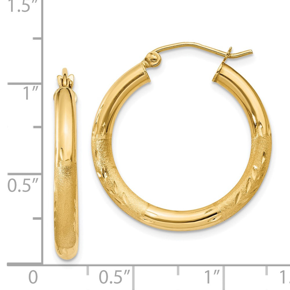 14k Satin and Diamond-cut 3mm Round Hoop Earrings - 2