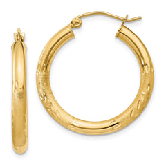 14k Satin and Diamond-cut 3mm Round Hoop Earrings - 2