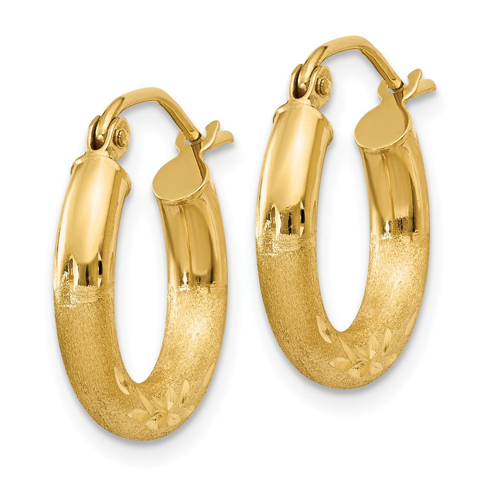 14k Satin and Diamond-cut 3mm Round Hoop Earrings - 4