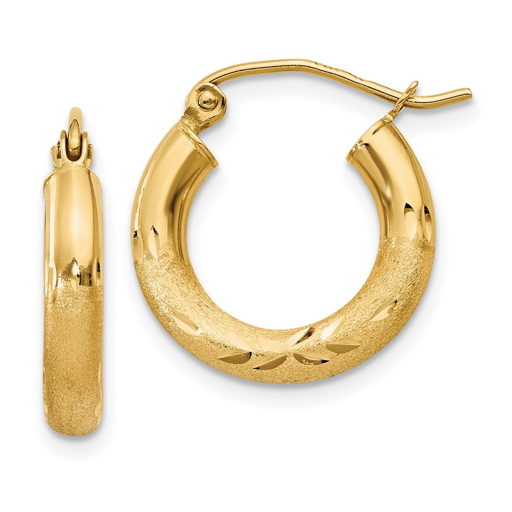 14k Satin and Diamond-cut 3mm Round Hoop Earrings - 4