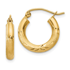 14k Satin and Diamond-cut 3mm Round Hoop Earrings - 4