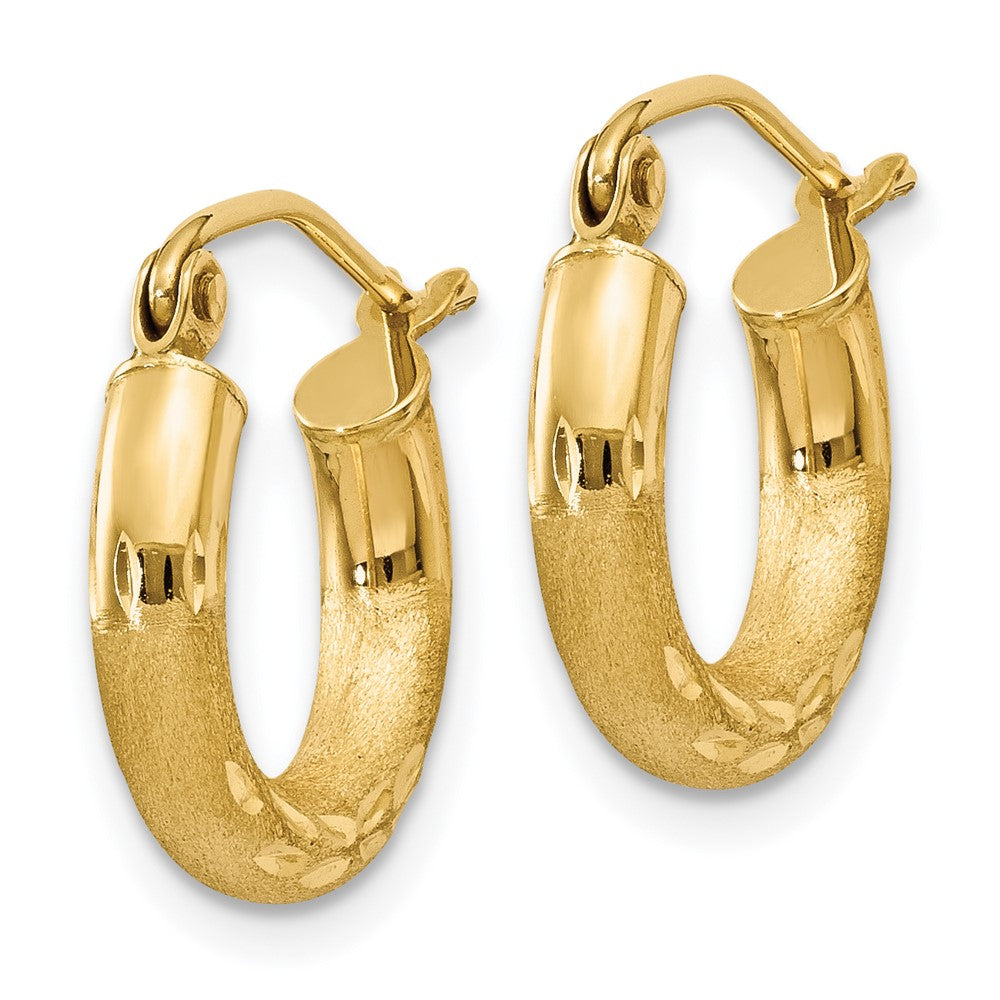 14k Satin and Diamond-cut 3mm Round Hoop Earrings - 6