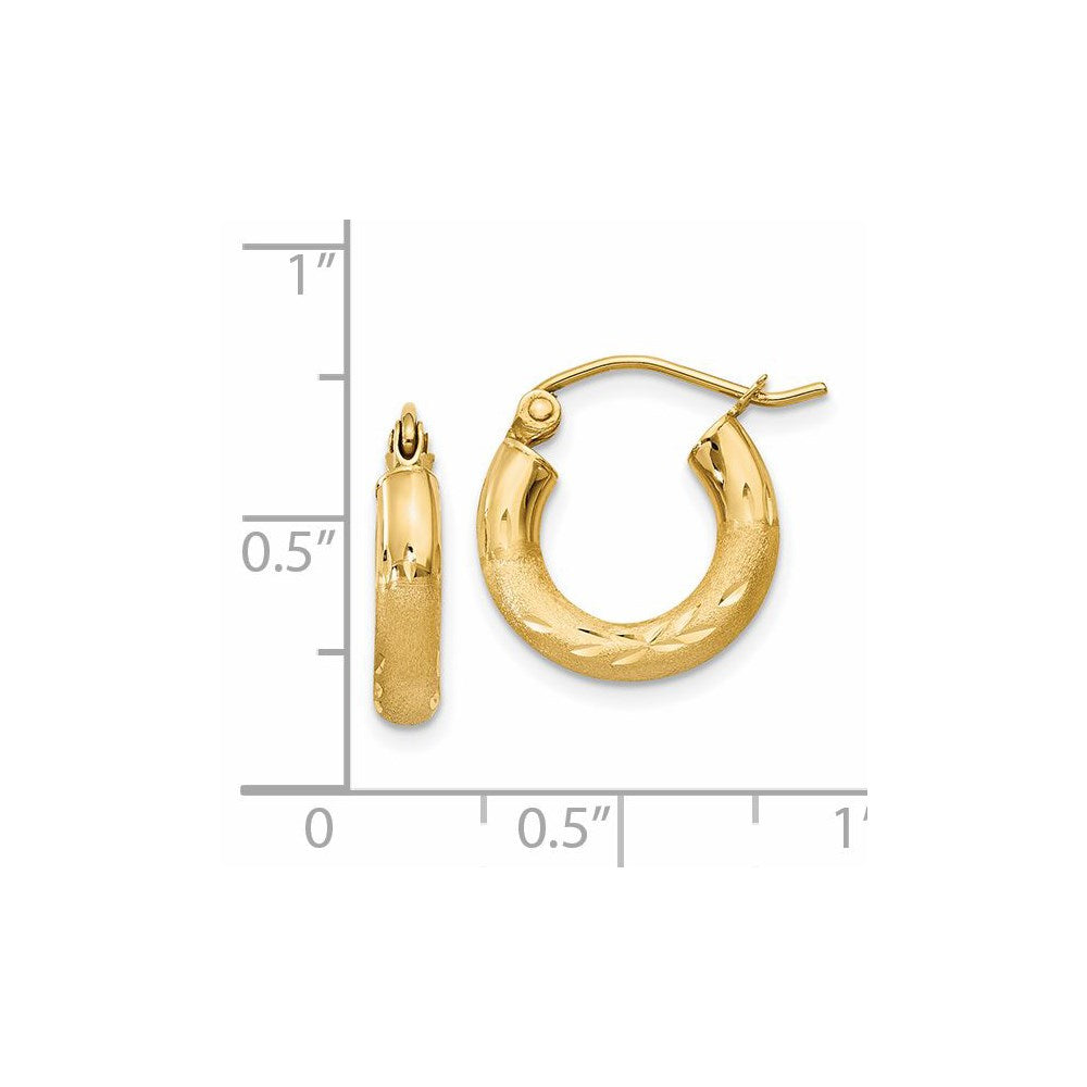 14k Satin and Diamond-cut 3mm Round Hoop Earrings - 6
