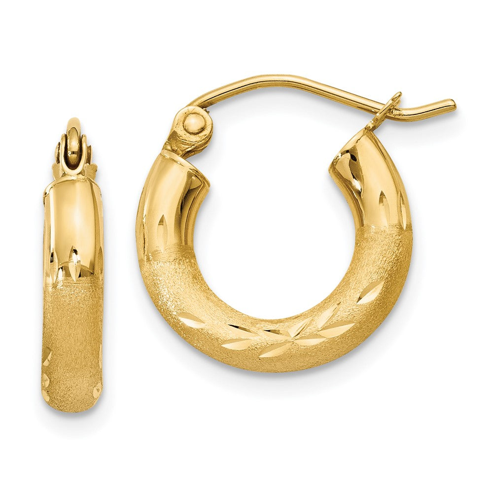 14k Satin and Diamond-cut 3mm Round Hoop Earrings - 6
