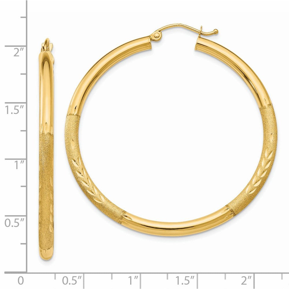 14k Satin and Diamond-cut 3mm Round Hoop Earrings - 7